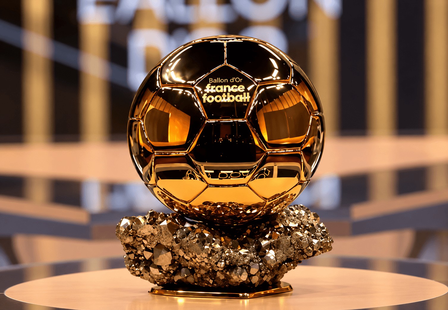 The Ballon d’Or trophy on a gold-lit plinth
